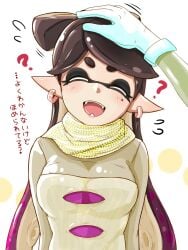 1girls breasts callie_(frostyfest) callie_(splatoon) closed_eyes earrings female frostyfest_outfit head_pat large_breasts long_hair nintendo open_mouth scarf splatfest splatoon splatoon_3 t2ukmyjm translation_request