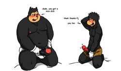 2boys anthro balls black_penis blush canine clothing disney duo erection feline foreskin gay glans goof_troop hand_behind_head holding_penis kneeling male male_only mammal max_goof mazemore multiple_males multiple_penises overweight penis penis_size_difference pj_(goof_troop) red_penis retracted_foreskin thick_penis uncut underwear_down yaoi