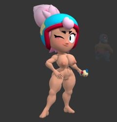 3d baller_2206 brawl_stars breasts easter_egg_(meta) el_primo_(brawl_stars) janet_(brawl_stars) looking_at_viewer nude_female omni-man_pose posing_for_the_viewer posing_with_weapon prisma3d smiling_at_viewer supercell vagina