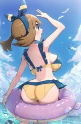 alternate_breast_size arm_up ass ass_focus back back_view backboob bare_arms bare_shoulders bikini blush breasts brown_hair cleavage female gonzarez hair_ribbon huge_breasts innertube may_(pokemon) medium_hair ocean open_mouth outdoors pokemon shiny_skin shoulder_blades smile wading water wet_body yellow_bikini