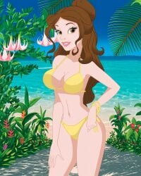2020 beach beauty_and_the_beast_(1991_film) belle_(beauty_and_the_beast) belly brown_eyebrows brown_hair_female carlshocker deviantart hand_on_leg meta not_ai_generated not_porn pink_lipstick tummy walt_disney_animation_studios walt_disney_pictures yellow_bikini yellow_bracelet yellow_eyes
