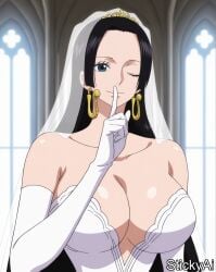 ai_generated anime_coloring beach black_hair blue_eyes boa_hancock church earrings female indoors large_breasts long_hair one_piece one_piece_anime stickyai wedding
