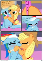 2girls applejack_(mlp) blush comic cowboy_hat dialogue duo edit english_text equine female female_only feral freckles friendship_is_magic green_eyes hair hat hi_res hisexpliciteditor horse kissing kneeling mammal multicolored_hair my_little_pony pegasus pony pussy pyruvate rainbow_dash_(mlp) rainbow_hair red_eyes sex_toy spa text vibrator wings yuri