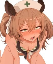 ahegao ai_generated animal_ears bikini blush brown_hair female green_eyes indie_virtual_youtuber medium_breasts nimi_nightmare nurse_cap open_mouth sweat tapir_ears tapir_girl virtual_youtuber