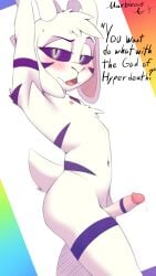 9:16 abstract_background anthro arm_tuft asking asking_viewer asriel_dreemurr asriel_dreemurr_(god_form) ass belly black_body black_fur black_sclera black_striped_body black_striped_fur black_stripes blush blush_lines bodily_fluids boss_monster_(undertale) bovid bovid_horn caprine caprine_horn cheek_markings chest_tuft curved_horn curvy_figure dark_sclera dialogue dripping erection eyebrows eyelashes facial_markings femboy floppy_ears fluffy fluffy_chest foreskin fur genital_fluids genital_markings genitals goat goat_horn hair hands_behind_head head_markings head_tuft hi_res horn leaking_precum leg_markings looking_at_viewer lop_ears male mammal marbleous markings navel nipples open_mouth penis penis_markings pink_nipples pose precum precum_drip precum_string question_mark rainbow_background raised_arms raised_eyebrow scut_tail short_hair short_tail shoulder_tuft shy side_view simple_background solo standing stripes tail talking_to_viewer text thick_thighs thigh_markings tongue tuft undertale undertale_(series) white_background white_belly white_body white_butt white_fur white_penis white_tail