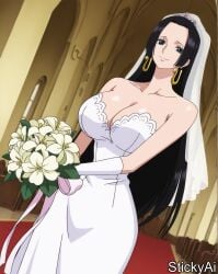 ai_generated anime_coloring beach black_hair blue_eyes boa_hancock church earrings female indoors large_breasts long_hair one_piece one_piece_anime stickyai wedding