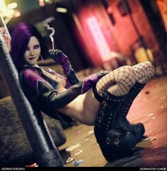 1girls 3d biting_lip biting_own_lip boots breasts cigarette female fishnets goth goth_girl jizzmasterzero lipstick nipples original_character piercings purple_hair purple_lipstick small_breasts smoking solo