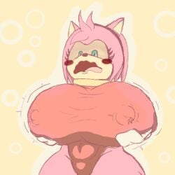 amy_rose blush breast_expansion cuyboso_base female fully_clothed furry gloves hairband huge_breasts leotard nipple_bulge sega shocked_expression sonic_(series) sonic_the_hedgehog_(series)