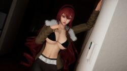 1girls 3d big_breasts bikini_top bikini_top_only busty cleavage eris_greyrat female female_only hairband hi_res large_breasts legs looking_at_viewer midriff mushoku_tensei navel open_jacket pants pink_lipstick red_eyes red_hair sensual sexy solo thighs toned voluptuous