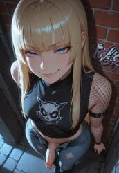 1futa ai_generated balls blonde_hair blue_eyes fishnets flaccid from_above futa_only futanari goth goth_futa high-angle_view hime_cut hime_girl_(jamesbron) intersex jamesbron jeans long_hair looking_at_viewer navel no_panties penis precum precum_drip small_breasts smug solo solo_futa standing wide_hips