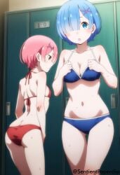 2girls ai_generated bikini female ram_(re:zero) re:zero_kara_hajimeru_isekai_seikatsu rem_(re:zero)
