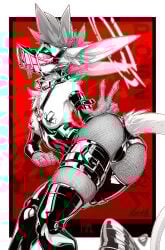 absurd_res accessory anthro armwear ass belt_buckle biohazard_symbol bow_ribbon breasts buckle chest_tuft clothing collar english_text eyeshadow fangs female fishnet_clothing fishnet_legwear freckled_breasts freckled_butt freckled_face freckled_shoulders freckles furgonomics genital_outline gesture gloves halo hand_gesture handwear hazard_symbol hi_res latex latex_armwear latex_clothing latex_gloves latex_handwear latex_legwear latex_panties latex_stockings latex_thigh_highs latex_underwear legwear long_ears long_tail makeup monochrome muzzle_(object) muzzled panties passel_(ralek) pasties pinup pose presenting presenting_hindquarters ralek red_background ribbons sharp_teeth signature simple_background solo spiked_collar spikes stockings straps symbol tail tail_accessory tail_bow tail_ribbon tail_tuft teeth text thigh_highs tight_clothing tuft underwear unknown_species v_sign