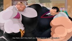 2d 2d_(artwork) 2d_artwork adalramonsexrol asian asian_female bbw big_breasts black black_hair black_vest fat gwen_stacy gwen_stacy_(spider-verse) marvel morbidly_obese obese peni_parker pizza school_uniform schoolgirl short_hair skirt spider-man:_across_the_spider-verse spider-man:_into_the_spider-verse spiderverse sweat sweating white_skin