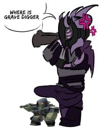 1boy anger_vein autism big_penis bulge clothed english_text grave_digger meme mzguy penis_bulge roblox roblox_game self_upload shitpost speech_bubble text tower_defense_simulator void_reaver_(tds)