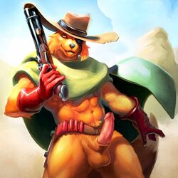 1boy abs alpha0 ammunition anthro balls belt bottomless canine cape clothed clothing cowboy cowboy_hat erection eye_patch eyewear fangs fur furry gloves gun half-dressed hat humanoid_penis jillas_jillos_jilles male male_only mammal muscles penis poncho ranged_weapon sheath shotgun slayers solo weapon