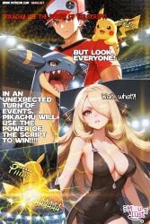 ai_generated ass battle big_ass big_breasts blonde_hair breasts cynthia_(pokemon) female humiliated miaulust nsfw pikachu plot_armor pokegirl pokemon pokemon_dppt red_(pokemon) sexy_pose stadium videogame