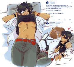 akira_kurusu cuntboy cuntboy_with_breasts goro_akechi groping_breasts intersex joker_(persona) lifting_shirt liveleaksakc partially_clothed persona_5 persona_5_royal ren_amamiya self_harm_scars transmasc
