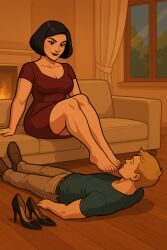 1boy 1girls ai_generated domination female female_domination foot_fetish foot_on_face foot_worship male mature_female milf smelling submissive submissive_male voluptuous_female