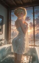 ai_generated bath bathroom blonde_hair evelyn_chevalier female neuschwanstein nude towel zenless_zone_zero