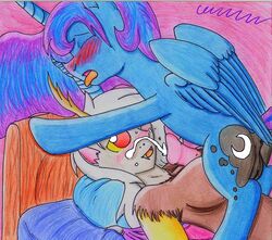 alicorn anatomically_correct animal_genitalia anthro anus balls bed blush breasts cum cum_on_face discord_(mlp) draconequus drawn equine female feral friendship_is_magic hair horn horsecock male mammal my_little_pony paizuri penis princess_luna_(mlp) rule_63 straight the1king tongue tongue_out two_tone_hair wings