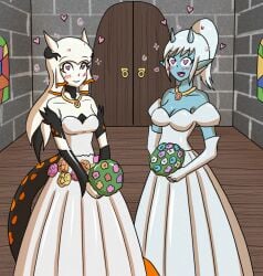 blue_skin blush bouquet brainwashing breasts cleavage collar elf_ears heart heart-shaped_pupils horn hypnosis looking_at_viewer mind_control monster_girl mythkaz open_mouth original original_character tail wedding_dress white_hair white_skin