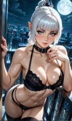 1girls abs ai_generated balcony baldur's_gate_3 bangs blush bra braid choker cityscape dungeons_and_dragons elf female green_eyes leaning_on_object legwear lingerie long_hair medium_breasts moon painted_nails panties pointy_ears shadowheart solo solo_female white_hair