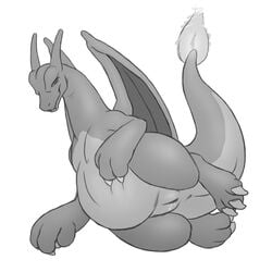 2014 charizard chubby dragon female fire greyscale looking_at_viewer monochrome nintendo plain_background pokemon pokemon_(species) pussy pussy_juice scalie solo video_games white_background x03