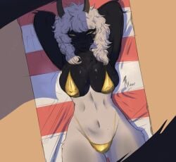 2025 anthro beatrice_(maxdodraws) big_breasts bikini bikini_bottom bikini_thong bikini_top black_body black_fur bovid breasts caprine clothed clothing ewe eyelashes female fur goat gold_bikini golden_week ground hands_behind_head horn looking_at_viewer lying mammal maxdodraws multicolored_body multicolored_fur navel nipple_outline nipples nipples_visible_through_clothing on_back on_ground on_towel sand sheep signature skimpy skimpy_swimwear solo swimwear towel two-piece_swimsuit two_tone_body two_tone_fur white_body white_fur white_hair yellow_eyes