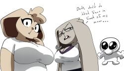 2girls angry animal animal_ears animal_nose anthro bra breasts canela_(inkershike) canine canis cleavage clothing coolerinker dialogue duo english_language english_text female fototeta fur furry furry_female hair inker_comics inkershike large_breasts looking_at_viewer mammal mother mother_and_daughter multiple_girls original original_character purple_bra shirt short_sleeves smile text topwear underwear upper_body white_shirt