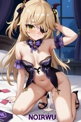 ai_generated arms_behind_back arms_up black_high_heels blonde_hair blush cum cum_in_pussy cum_in_pussy cum_inside eyepatch feet female fischl_(genshin_impact) genshin_impact green_eyes happy_sex high_heels highres long_hair lying_on_bed medium_breasts night noirwu on_bed ornament toes twintails wrapped_condom