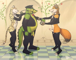 anthro ball_gag balls belly bondage canine cheetah chubby crocodile dundee erection feline flaccid fox gag group legwear male male_only mammal multiple_males navel penis renar reptile scalie smile spotty_the_cheetah stockings yaoi