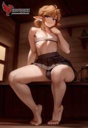 1boy 2d ai_generated ass barefeet big_ass crossdressing crossdressing_male erection erection_under_clothes erophoenix feet full_body link looking_at_viewer looking_back male male_focus navel nude otoko_no_ko pale_skinned_male patreon_username pointy_ears skirt smile soles solo solo_male sweat the_legend_of_zelda thick thick_thighs toes uncensored