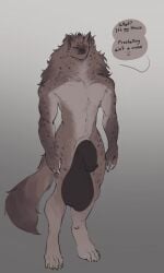 absurd_res ahtos_peltenein_(lights_in_the_darkness) annoyed anthro balls big_balls big_penis black_balls black_penis black_sclera brown_body brown_fur dialogue evil_tradesman fur genitals grey_body grey_fur hi_res huge_balls huge_cock hyena male mammal nude orange_eyes penis saggy_balls solo speech_bubble spots tail tall