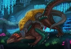 animal_genitalia blonde_mane brown_body brown_scales claws darlsol' dinosaur dragon duo erection feral fur genitals grass grey_body grey_scales hi_res male male/male mane mythological_creature mythological_scalie mythology penis pink_penis plant prehistoric_species reptile rock_drake scales scalie white_claws yellow_body yellow_fur