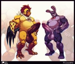 animatronic anthro avian avian_caruncle avian_feet balls beak belly bib big_balls big_belly big_pecs big_penis bird bonnie_(fnaf) bow_tie brown_penis buckteeth chica_(fnaf) chicken claws comb_(anatomy) duo feathers feet five_nights_at_freddy's food fur galliform gallus_(genus) genitals green_body green_feathers head_crest hi_res humanoid humanoid_genitalia humanoid_penis kiddie_jukes lagomorph leporid machine male male/male mammal musclegut muscular muscular_anthro muscular_male pecs penis phasianid pizza pizza_slice purple_body purple_fur purple_penis rabbit red_bow_tie robot rule_63 scott_cawthon scottgames talons teeth toes toothed_beak vein veiny_penis waddle yellow_body yellow_feathers