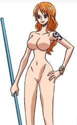 arm_tattoo artist_request blue_tattoo completely_nude crotchless featureless_crotch female female_only nami_(one_piece) no_nipples no_pussy nude nude_edit nude_filter one_piece orange_hair orange_hair_female tattoo
