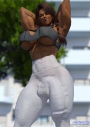 1futa 3d abs big_breasts breasts bulge bulge_through_clothing dark-skinned_futanari dark_skin futanari hands_behind_head huge_breasts huge_cock intersex kazkazuma muscular muscular_futanari one_eye_closed original_character penis_outline solo underboob wink