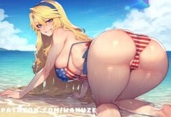 ai_generated all_fours american_flag_bikini beach big_ass big_breasts big_butt big_thighs blonde_hair blue_eyes blush freezing_(series) huge_ass huge_breasts huge_butt huge_thighs satellizer_el_bridget wanuze wide_hips