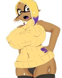 1girls bare_shoulders black_panties black_thighhighs breasts chicken_rib covered_navel covered_nipples female frye_(splatoon) huge_breasts looking_at_viewer nintendo open_mouth panties pointy_ears purple_tongue shiny_skin simple_background sleeveless sleeveless_turtleneck solo solo_female solo_focus splatoon splatoon_3 tentacle_hair thick_thighs thighhighs thighs tongue turtleneck underwear white_background