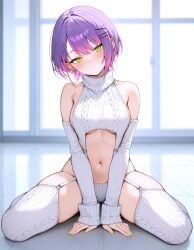 ai_generated blush female green_eyes hololive large_breasts purple_hair short_hair sideboob sitting sweater thighs tokoyami_towa virgin_killer_sweater virtual_youtuber