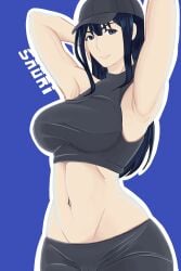 1girls armpits arms_behind_head baseball_cap big_breasts blue_archive blue_eyes blue_hair breasts busty cameltoe character_name female female_only hat highres large_breasts legs long_hair looking_at_viewer midriff navel pants pink_lips pose posing saori_(blue_archive) sexy sexy_pose smile solo thighs toned voluptuous
