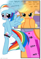 2014 2girls anus applejack_(mlp) blonde_hair blush comic cowboy_hat cutie_mark dialogue duo edit english_text equine female female_only feral friendship_is_magic hair hat hisexpliciteditor horse looking_at_viewer looking_back mammal masturbation multicolored_hair my_little_pony nude pegasus plain_background pony purple_eyes pussy pyruvate rainbow_dash_(mlp) rainbow_hair sex_toy text vaginal_penetration vibrator white_background wings yuri