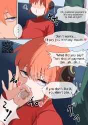 1boy 1girls bedroom_eyes big_belly blue_eyes bulge bun_cover chinese_clothes double_bun english_text erection erection_under_clothes fellatio_gesture female female_focus gintama hair_ornament half-closed_eyes hayatomoon japanese_text kagura_(gintama) male orange_hair overeating stuffed_belly suggestive_gesture tongue_out unseen_male_face