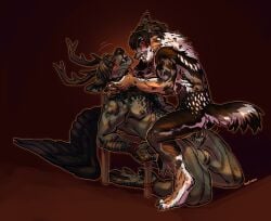 absurd_res anthro antlers asphyxiation bared_teeth blush bondage bondage bound boypretties canid canine chair choking deer duo feathers furniture hi_res horn hybrid male male/male mammal power_bottom shaded soft_shading wings