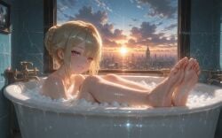 ai_generated bath bathroom blonde_hair evelyn_chevalier feet feet_up female foot_fetish neuschwanstein nude soles toes zenless_zone_zero