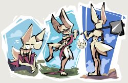 2025 3_toes 9hammer abs action_pose anthro axe big_ears black_eyes bodily_fluids crotch_tuft feet feet_together feet_together_knees_apart flaccid fur genitals hair hex_(9hammer) hi_res holding_axe holding_object lagomorph leporid looking_at_viewer looking_up male male_only mammal multiple_poses muscular muscular_anthro muscular_male on_one_leg outside penis pose rabbit sitting standing sweat sweatdrop tan_body tan_fur tan_hair tan_penis toes tuft