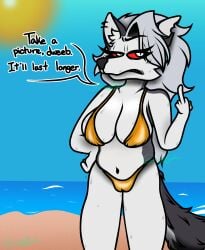 1girls 2025 absurd_res anthro beach_background big_breasts bikini blush blush_lines bodily_fluids breasts canid canid_demon canine canis clothing demon english_text female furry gesture golden_week hand_gesture hand_on_hip hellhound helluva_boss hi_res insult insulting_viewer loona_(helluva_boss) mammal middle_finger mishyad mythological_canine mythological_creature mythology navel pupils red_sclera sea signature slit_pupils solo speech_bubble summer sweat sweating sweaty sweaty_breasts sweaty_legs swimwear text two-piece_swimsuit water watermark wolf wolf_girl