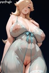 ai_generated blonde_hair blue_eyes breasts female hair_over_one_eye looking_at_viewer mario_(series) navel nightgown nipples princess_rosalina pussy sasakinsfw see-through super_mario_galaxy uncensored