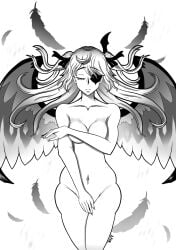 1girls 2025 black_and_white closed_eyes covered_nipples covering covering_crotch eye_patch eyepatch feathered_wings feathers female fischl_(ein_immernachtstraum)_(genshin_impact) fischl_(genshin_impact) genshin_impact hair_ornament hair_ribbon hoyoverse lfam naked naked_female nude_female nudity ribbons self_upload tagme twintails wings