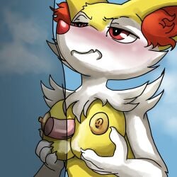 anthro blush braixen breast_play breasts buttercup_saiyan erection female generation_6_pokemon genitals hi_res human human_on_anthro interspecies male male/female mammal nintendo nipples penis pokemon pokemon_(species) pokephilia sex tagme titjob